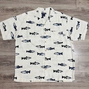 Cherokee Mens XL Rayon Fish Print Shirt Short Sleeve Button Down Trout Cream
